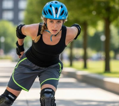 Sportivă pe role cu cască, genunchiere, cotiere și protecții pentru mâini